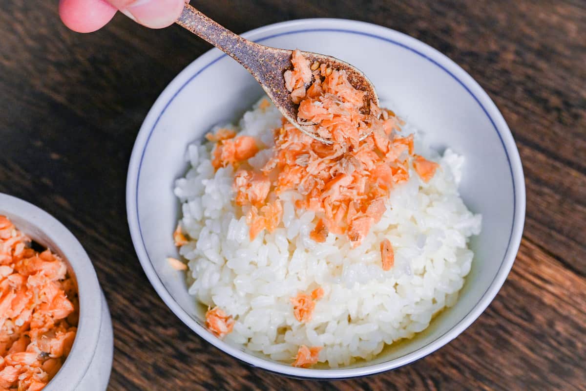 Homemade Japanese-style salmon flakes on rice