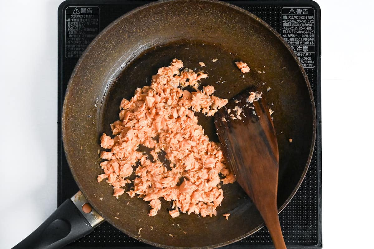 seasoned salmon flakes in a pan