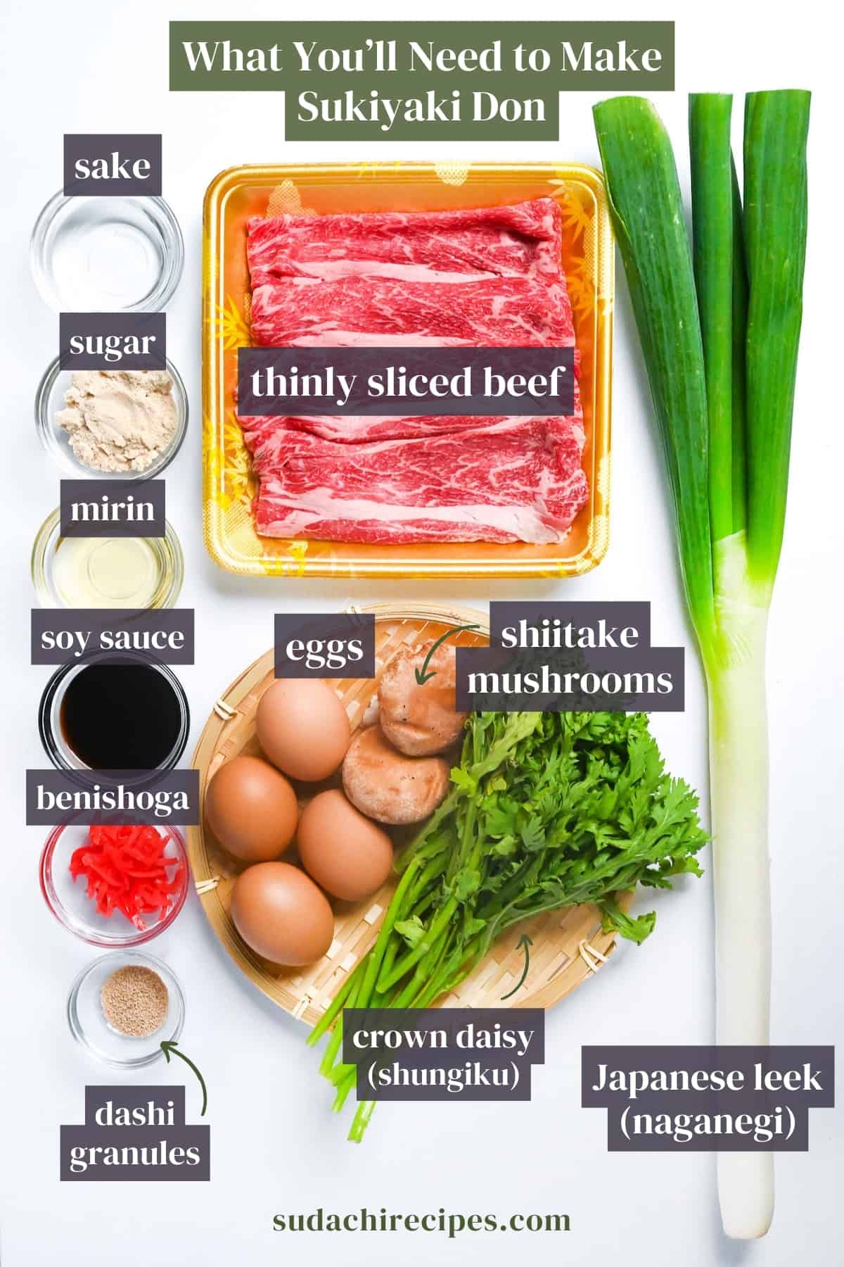 Ingredients needed to make Sukiyaki don on a white background with labels