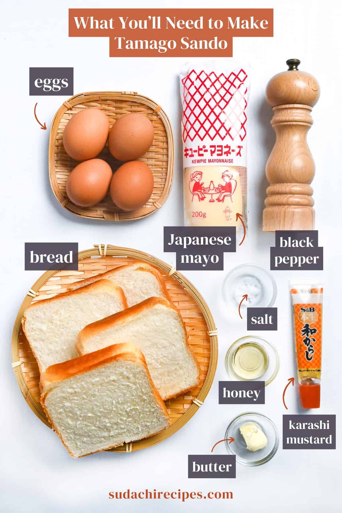 Ingredients needed to make Japanese egg sandwich (tamago sando) on a white background with labels