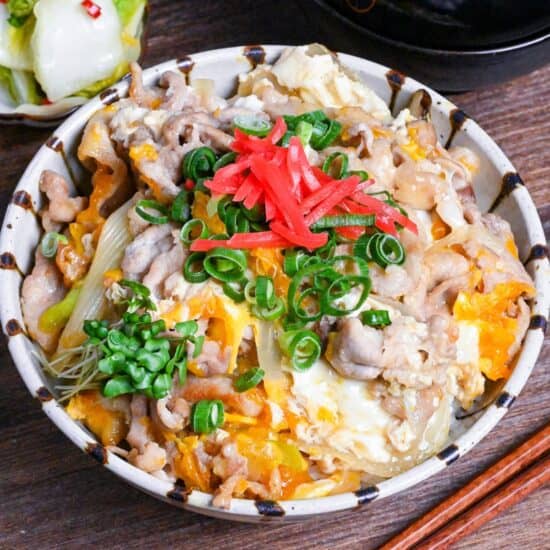 Tanin Don (Japanese pork and egg rice bowl) in a striped bowl topped with red pickled ginger and chopped green onions