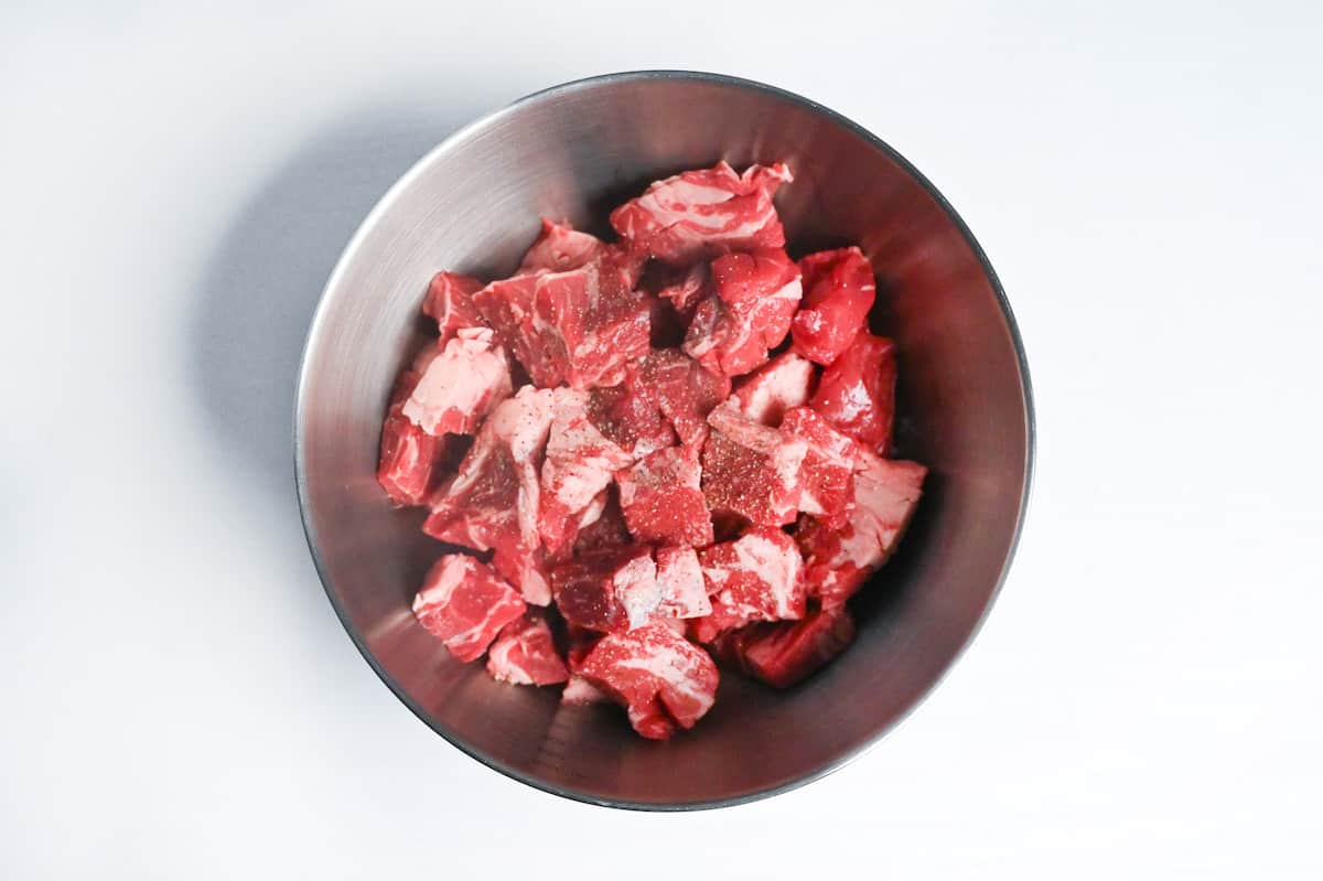 beef steak cut into bitesize pieces sprinkled with salt and pepper
