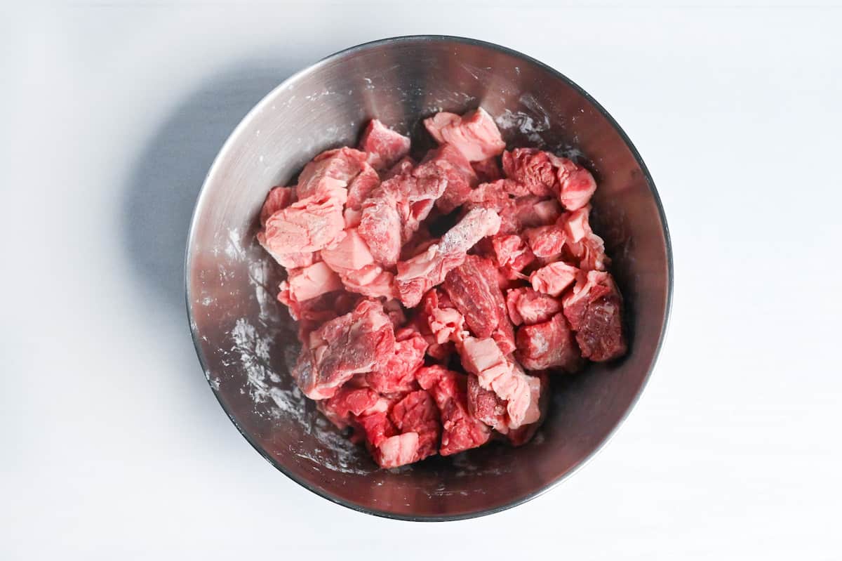 bitesize pieces of beef steak coated with potato starch