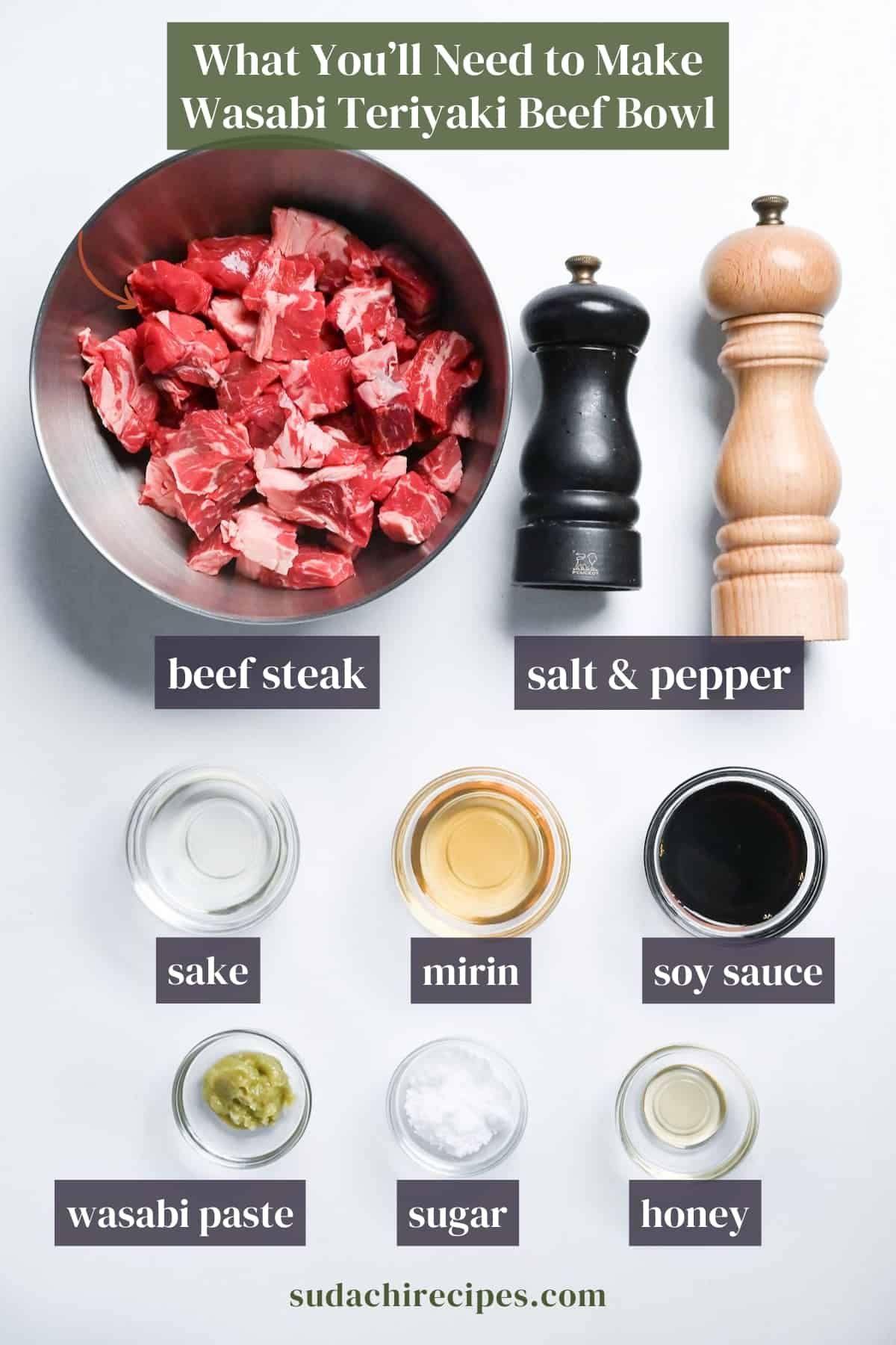 ingredients needed to make wasabi teriyaki beef rice bowl on a white background with labels