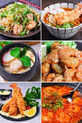collage of 6 Japanese shrimp recipes