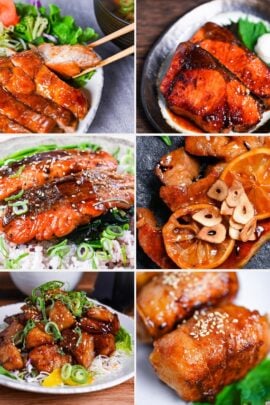 A collage of Japanese teriyaki recipes (Teriyaki chicken, yellowtail teriiyaki, teriyaki salmon, lemon teriyaki pork, cod teriyaki and teriyaki pork rice balls)