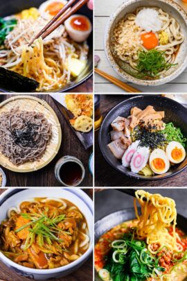collage of 6 Japanese noodle recipes