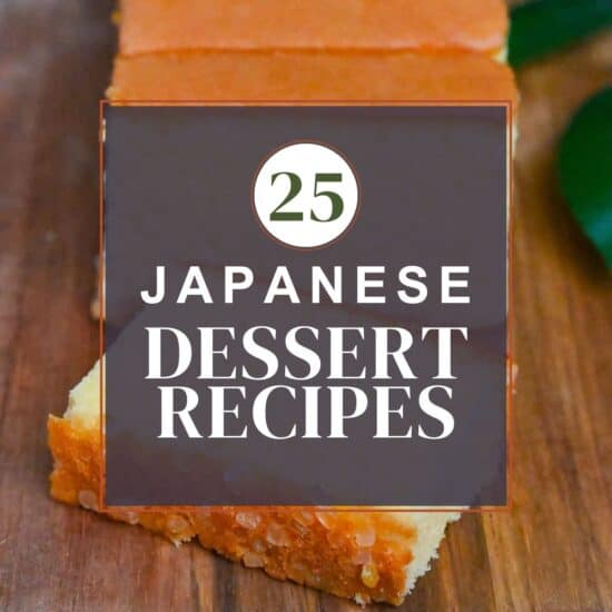 Japanese dessert thumbnail with castella cake on a wooden chopping board in the background