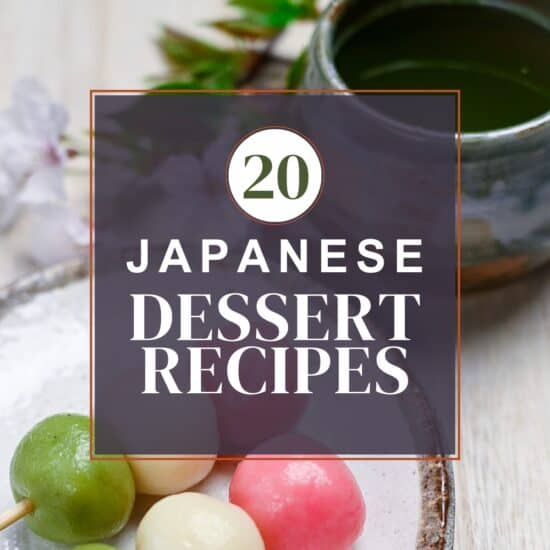 Japanese dessert recipe thumbnail with hanami dango in the background