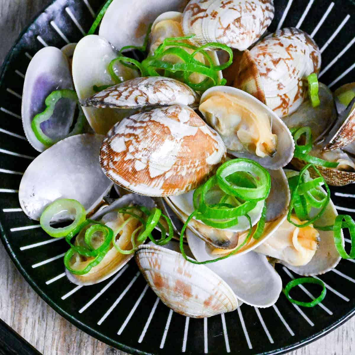 Japanese Sake Steamed Clams (Asari no Sakamushi) sprinkled with chopped green onion on a black plate