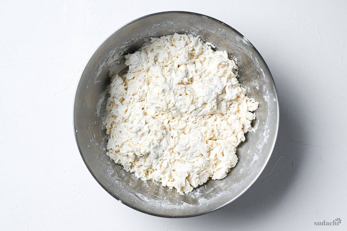 dough for homemade ramen noodles in a mixing bowl