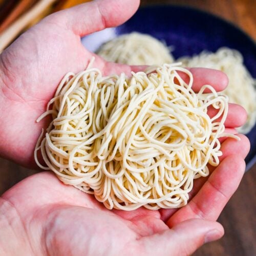 a bundle of homemade ramen noodles held in two hands