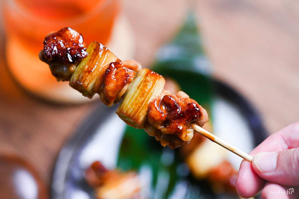 Yakitori made with chicken thigh and Japanese leeks on a skewer coated in homemade sauce