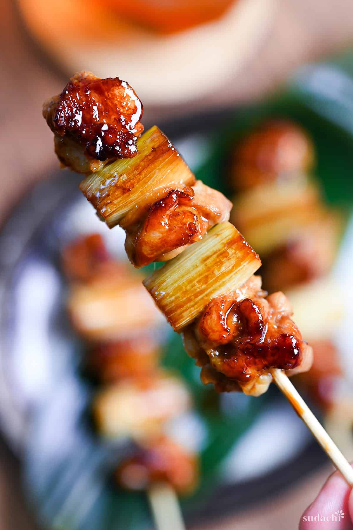 Yakitori made with chicken thigh and Japanese leeks on a skewer coated in homemade sauce