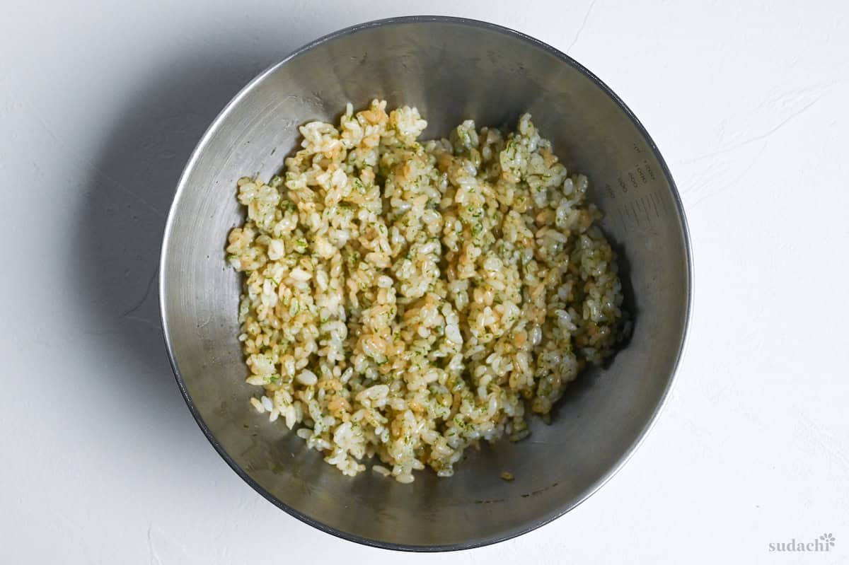 Japanese style seasoned rice in a steel mixing bowl