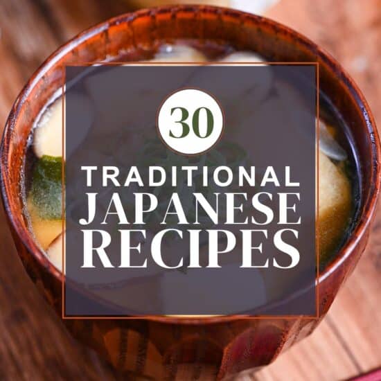 Traditional Japanese recipes roundup thumbnail with miso soup in the background