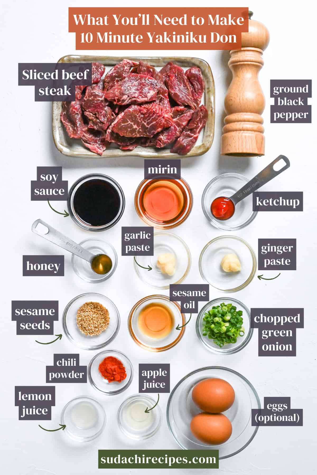 Ingredients used to make yakiniku don on a white background with labels