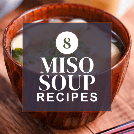 Miso soup round up thumbnail with standard miso soup in a dark wooden bowl