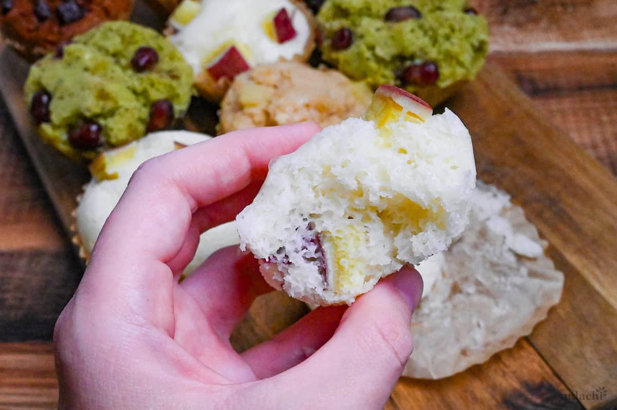 Sweet potato mushi pan (Japanese steamed cake) ripped in half to show the inside