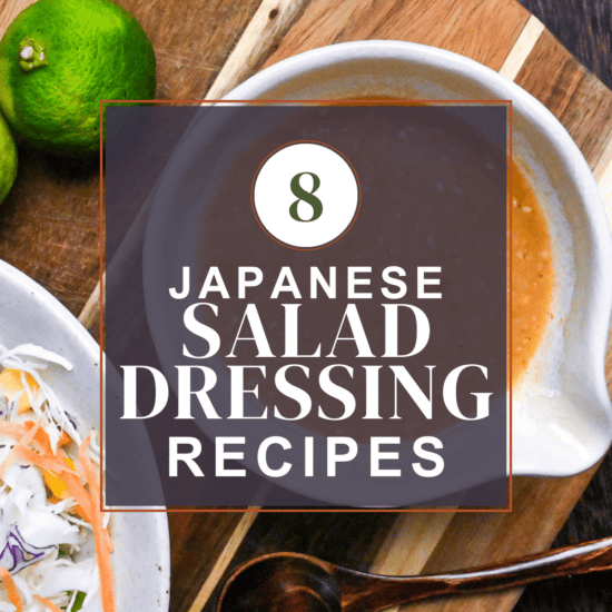 Japanese salad dressings thumbnail with miso yuzu dressing in a ceramic jug in the background