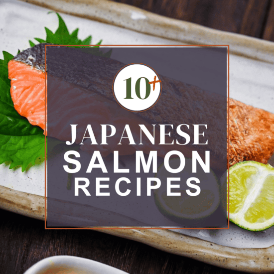 Japanese salmon recipes thumbnail with shiozake (Japanese salted breakfast salmon) in the background