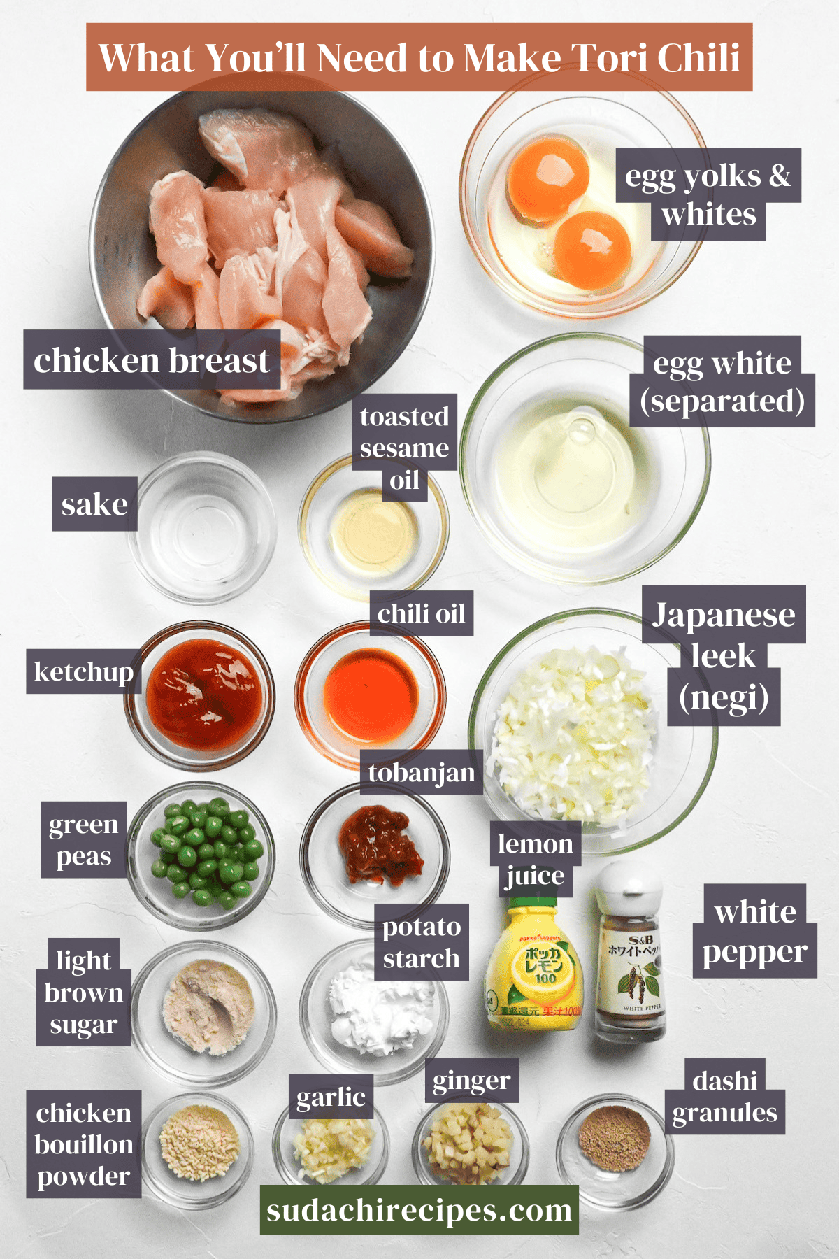 Ingredients used to make tori chili on a white background with labels