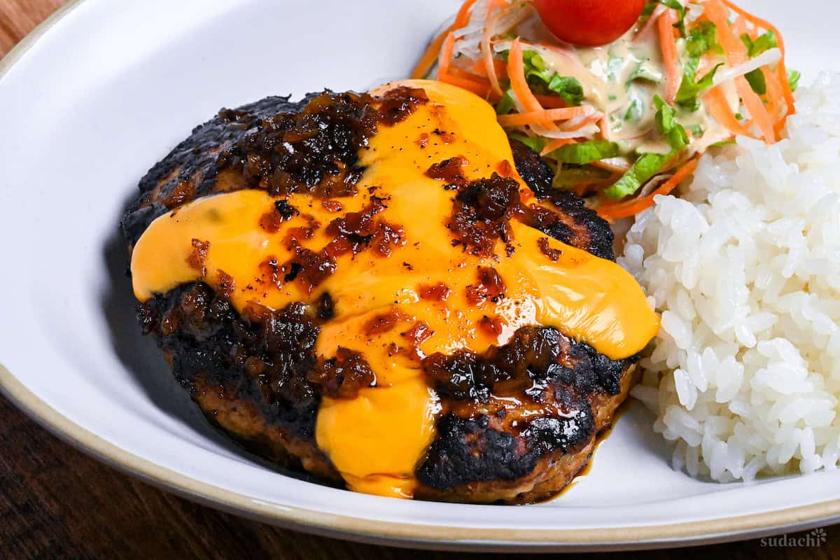 Bikkuri Donkey Copycat Hamburg on a white plate with rice and salad close up