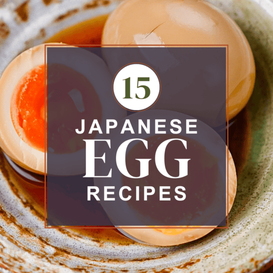 Japanese egg recipe roundup thumbnail (with ramen eggs in the background)