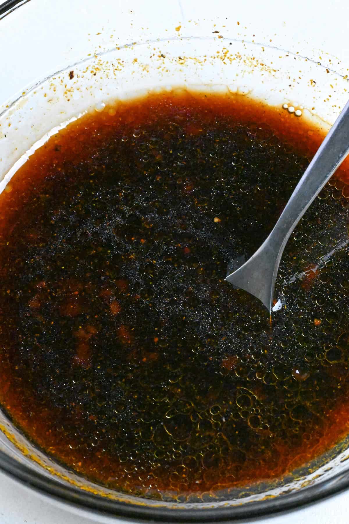 Homemade yakisoba (street food style) sauce mixed in a clear glass bowl