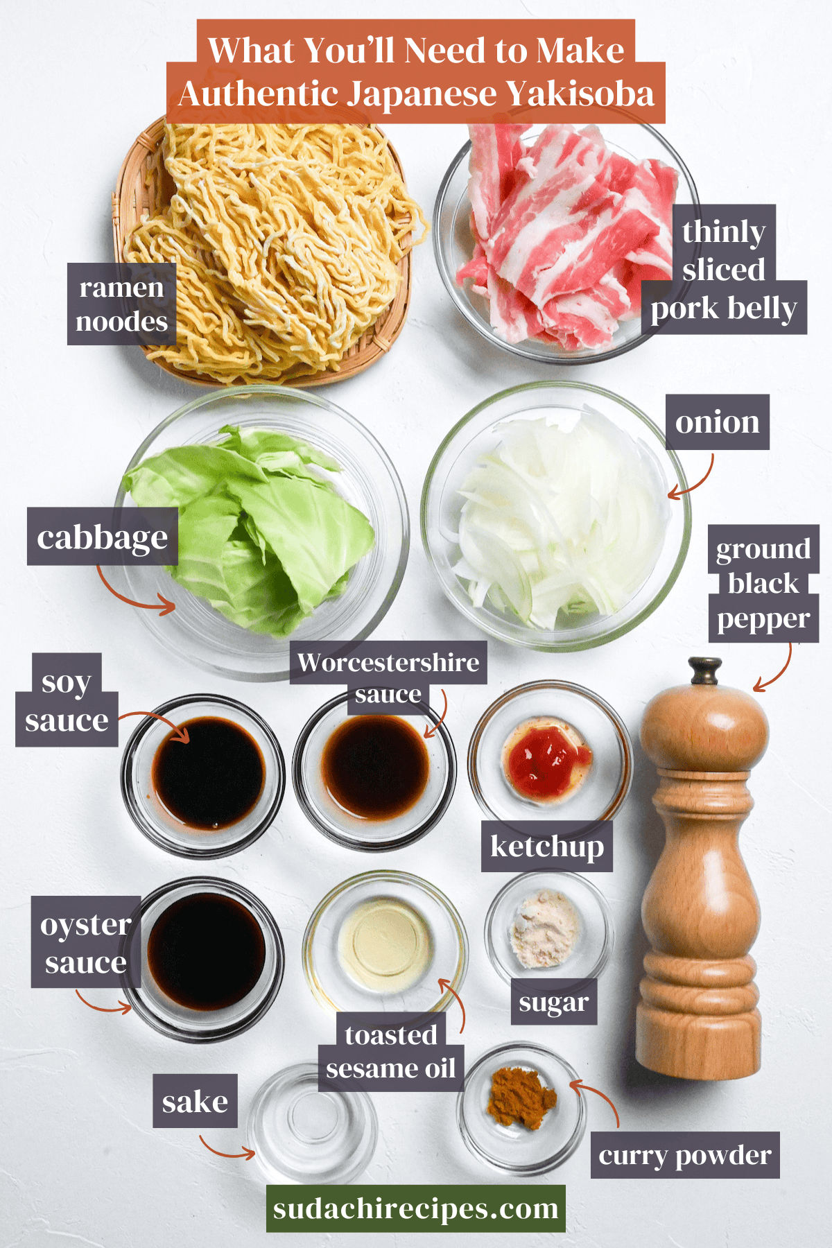 Ingredients needed to make authentic homemade Japanese yakisoba on a white background with labels