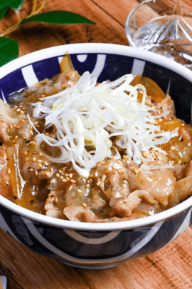 Yoshinoya Copycat Negi Shio Butadon topped with chopped Japanese leeks and sesame seeds in a white and blue bowl on a wooden surface top down