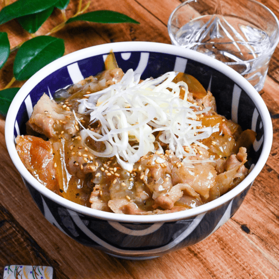 Yoshinoya Copycat Negi Shio Butadon topped with chopped Japanese leeks and sesame seeds in a white and blue bowl on a wooden surface top down