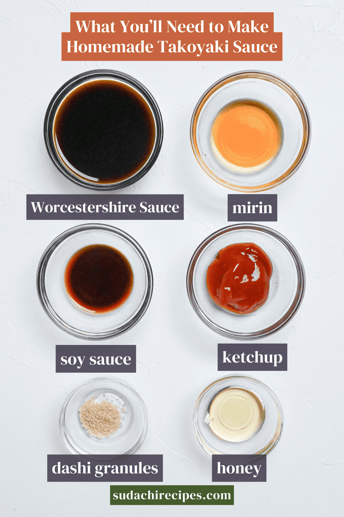 Ingredients used to make homemade takoyaki sauce on a white background with labels of white text in gray boxes