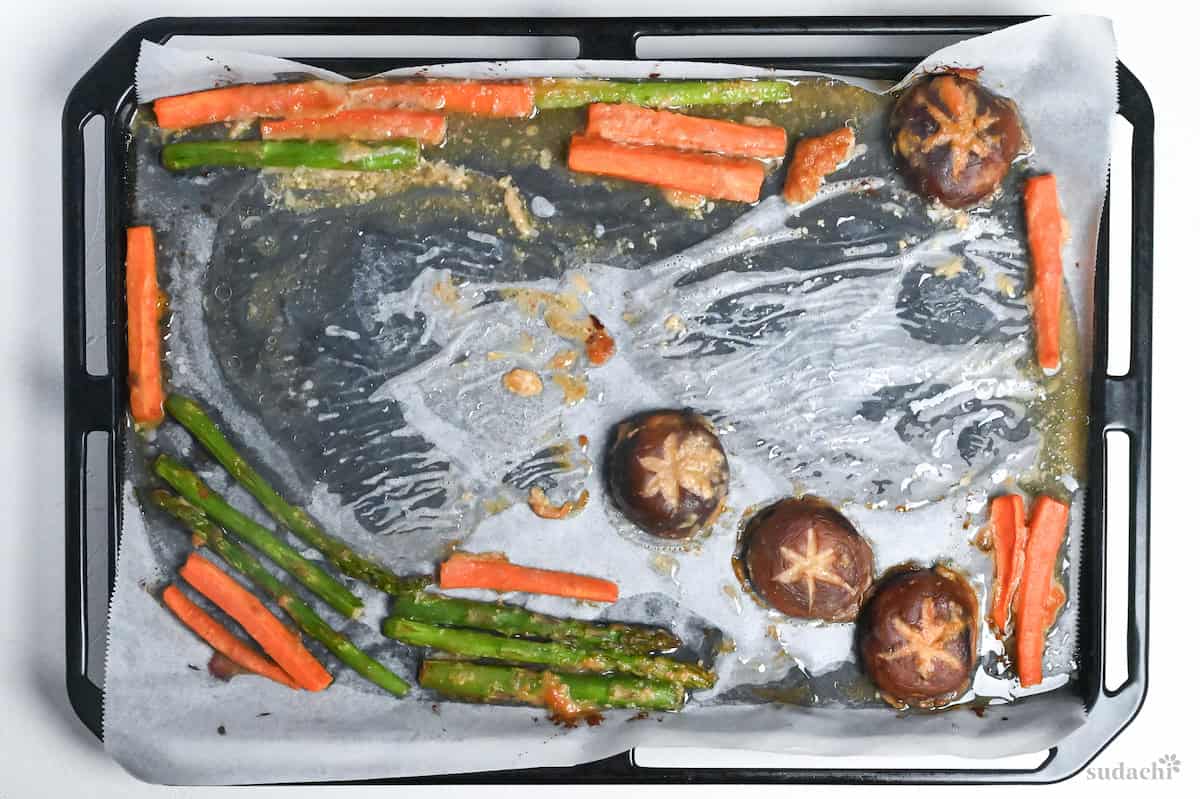 pork removed leaving only miso marinated vegetables on baking tray