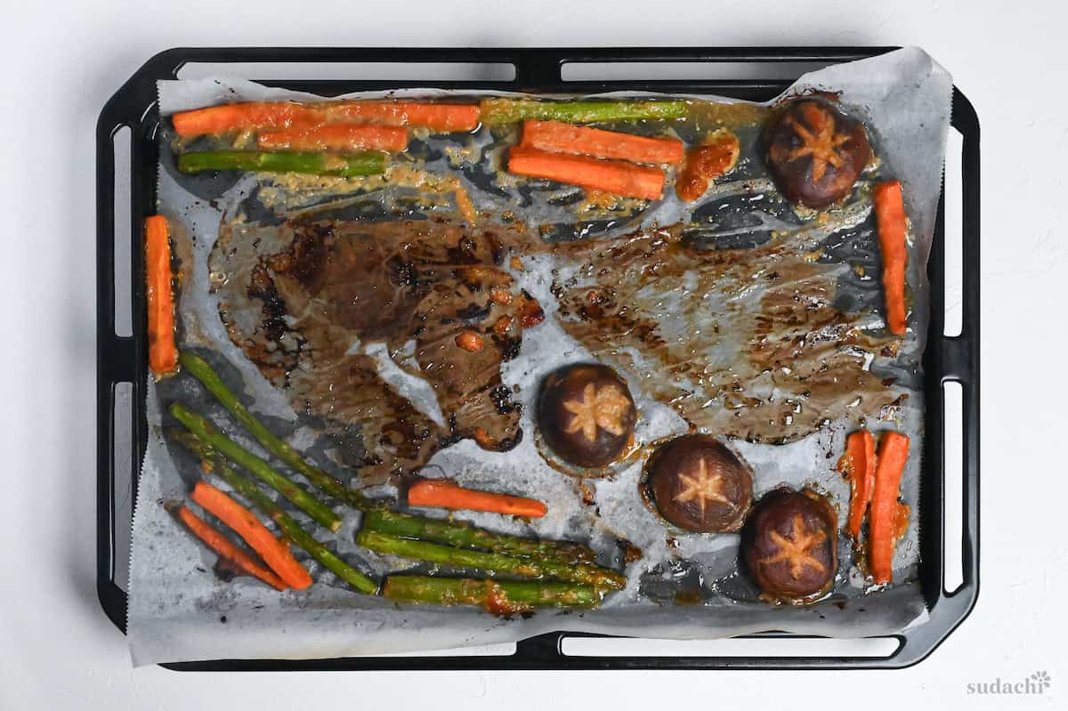 roasted miso marinated vegetables on a baking sheet