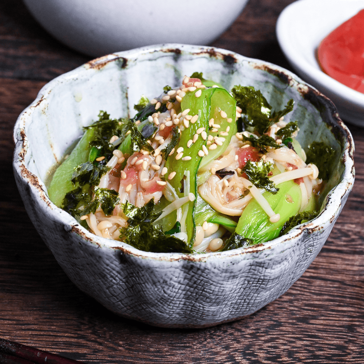 Wasabi-Ae Salad with Enoki Mushroom & Bok Choy