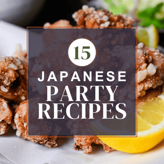 party food ideas roundup thumbnail with karaage in the background