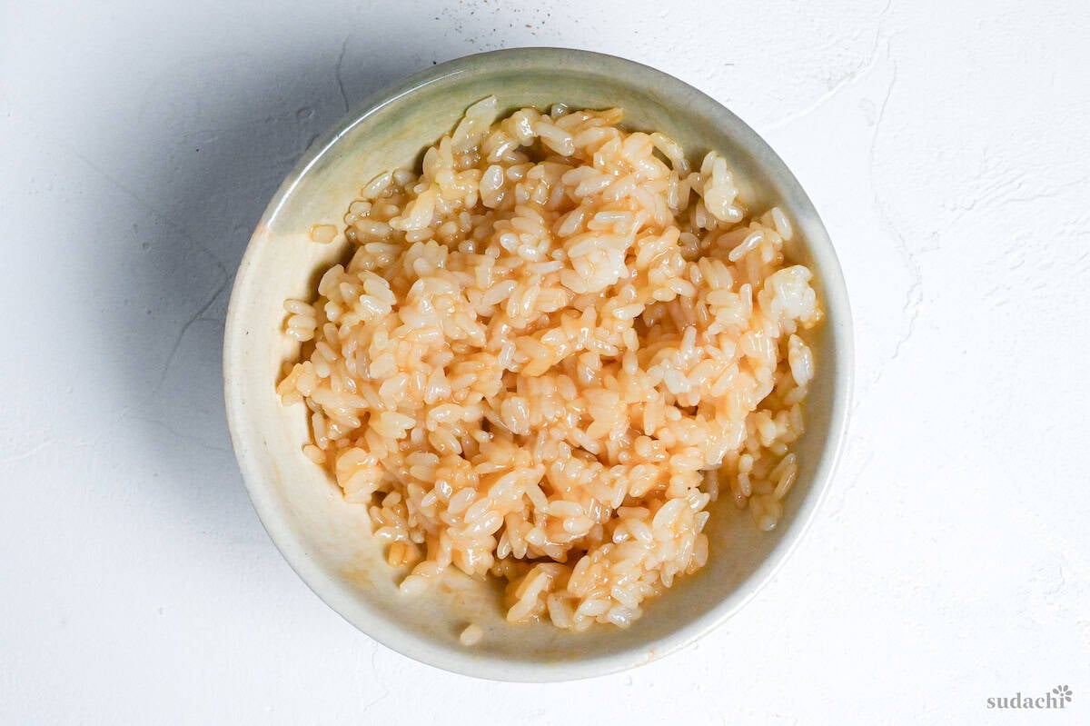 Rice mixed thoroughly with raw egg yolk and seasonings