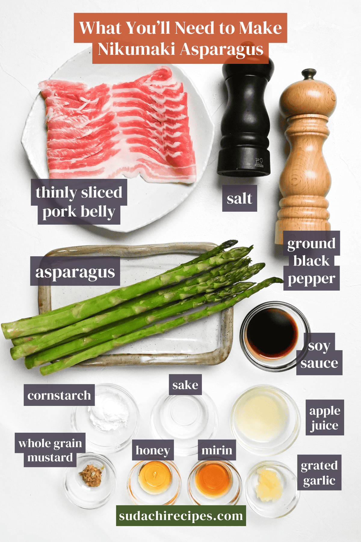 Ingredients needed to make nikumaki (pork belly wrapped) asparagus on a white background with labels. From left to right, up to down: thinly sliced pork belly, salt, ground black pepper, asparagus, soy sauce, cornstarch, sake, apple juice, whole grain mustard, honey, mirin, grated garlic