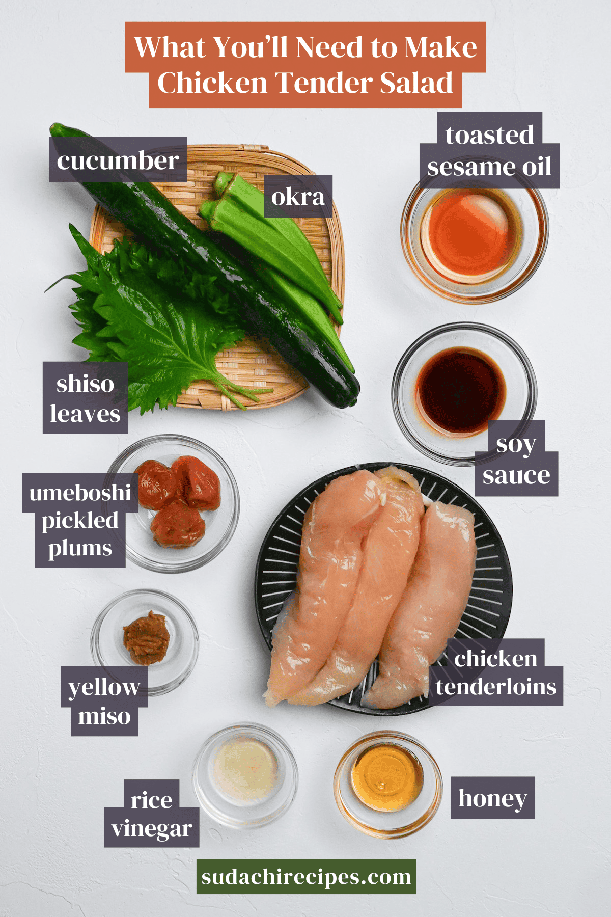 Ingredients needed to make chicken tender salad with Japanese dressing. From top to bottom, left to right: cucumber, okra, toasted sesame oil, shiso leaves, soy sauce, umeboshi, yellow miso, chicken tenderloins, rice vinegar and honey