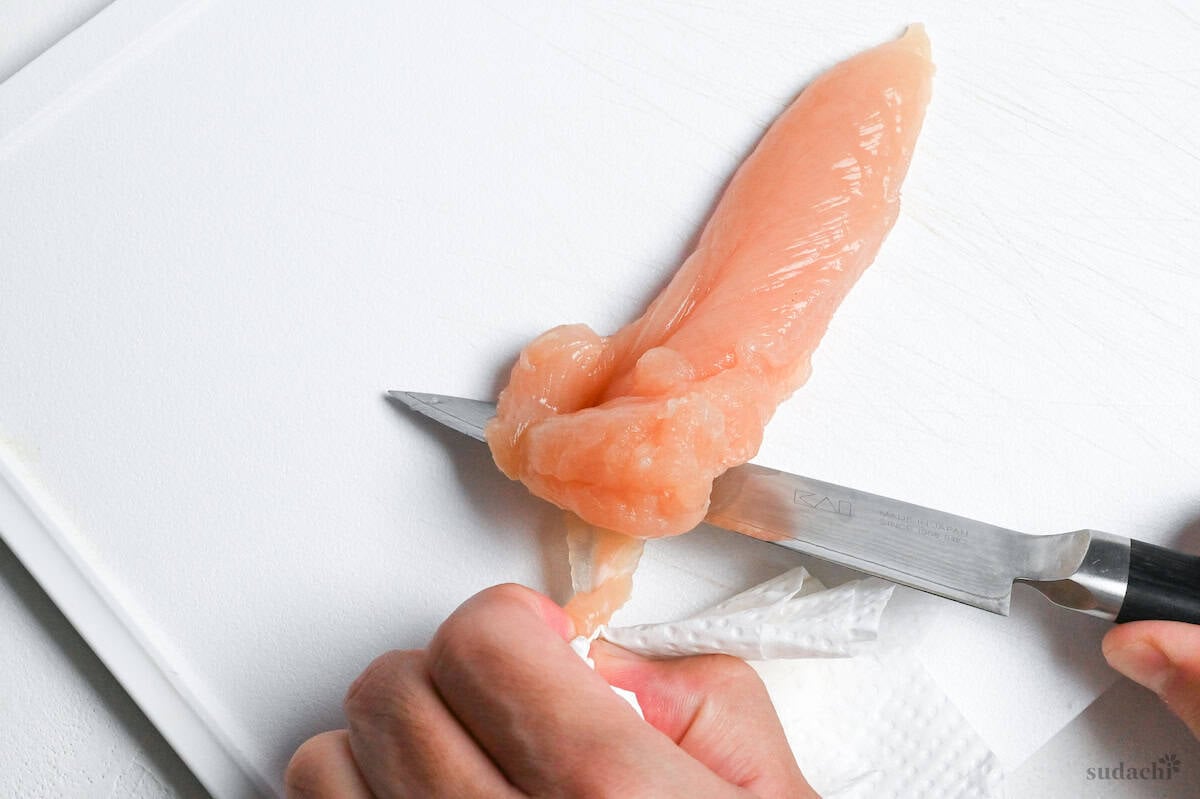 pulling the tendon out of chicken tenderloin