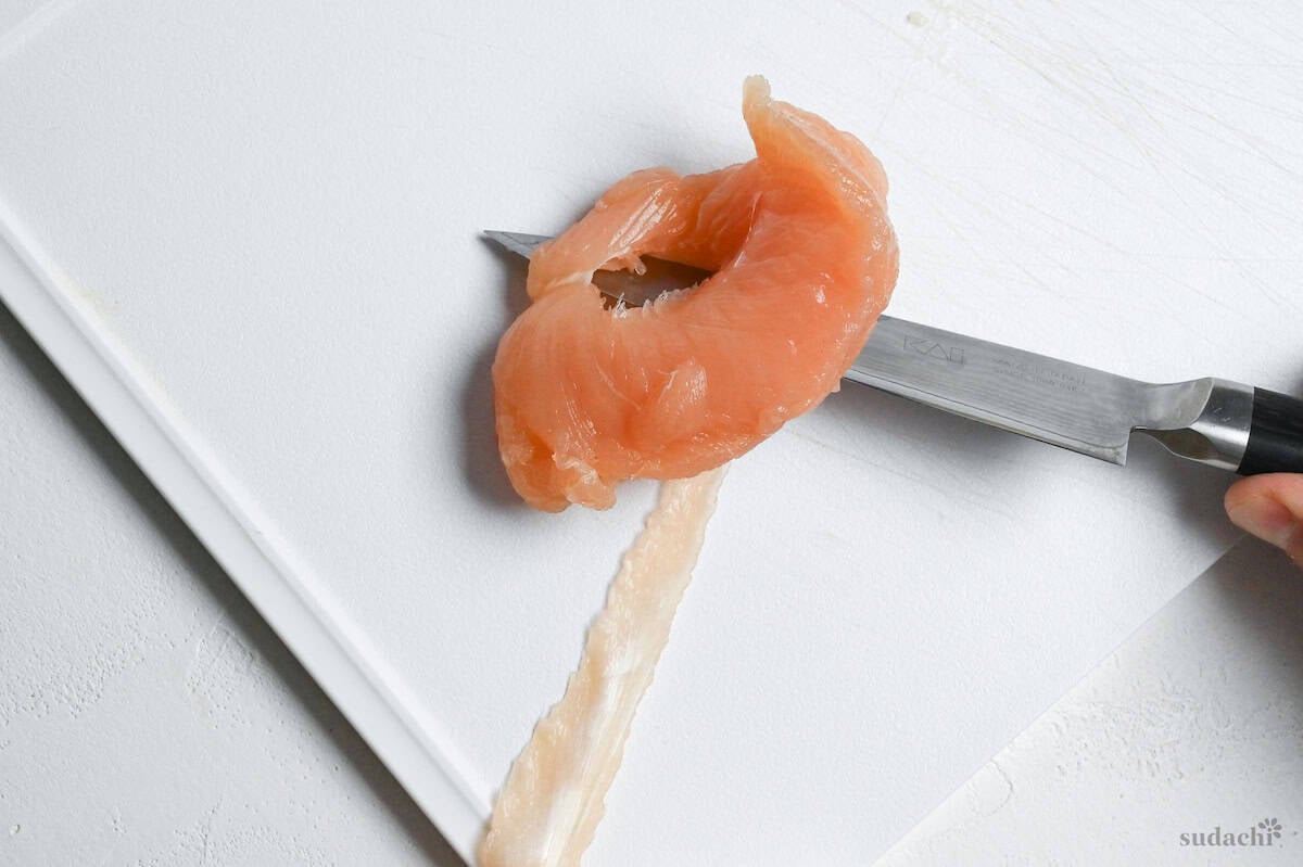 pulling the tendon out of chicken tenderloin