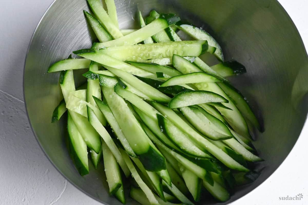 close up of salted julienned cucumber