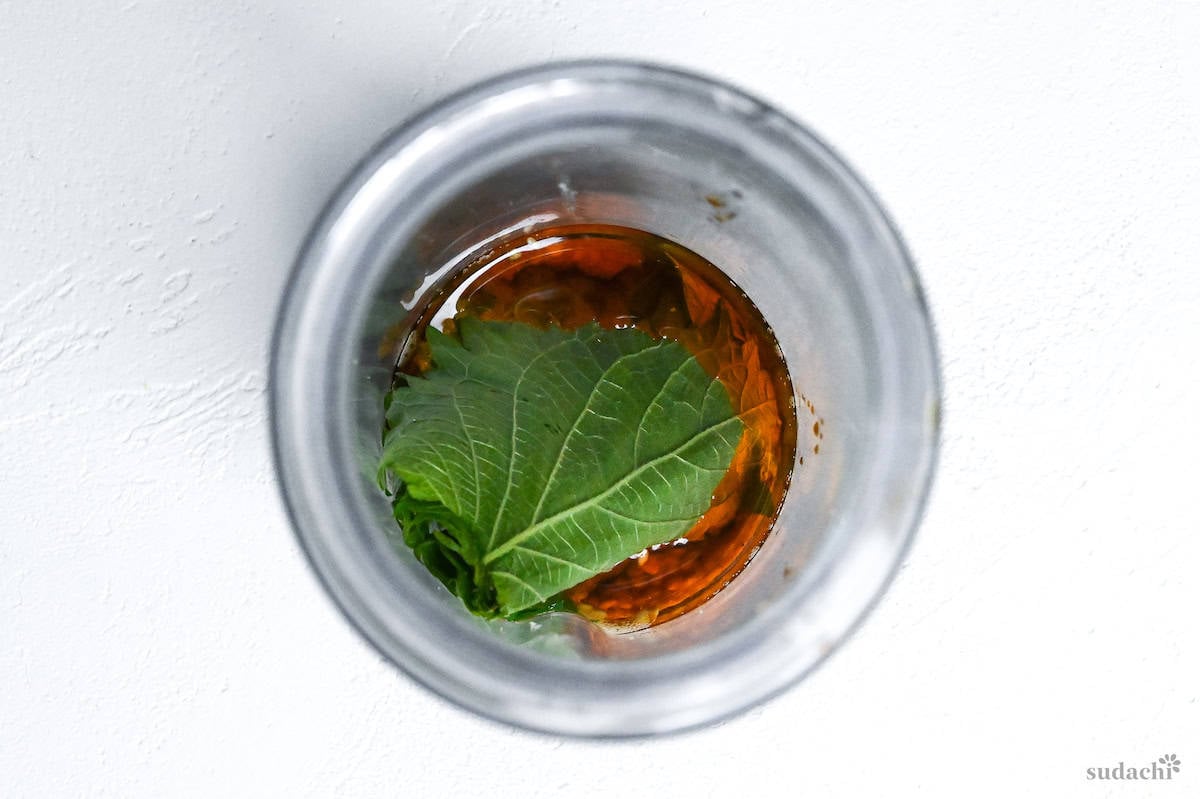 shiso leaves and condiments in a blender jug top down view