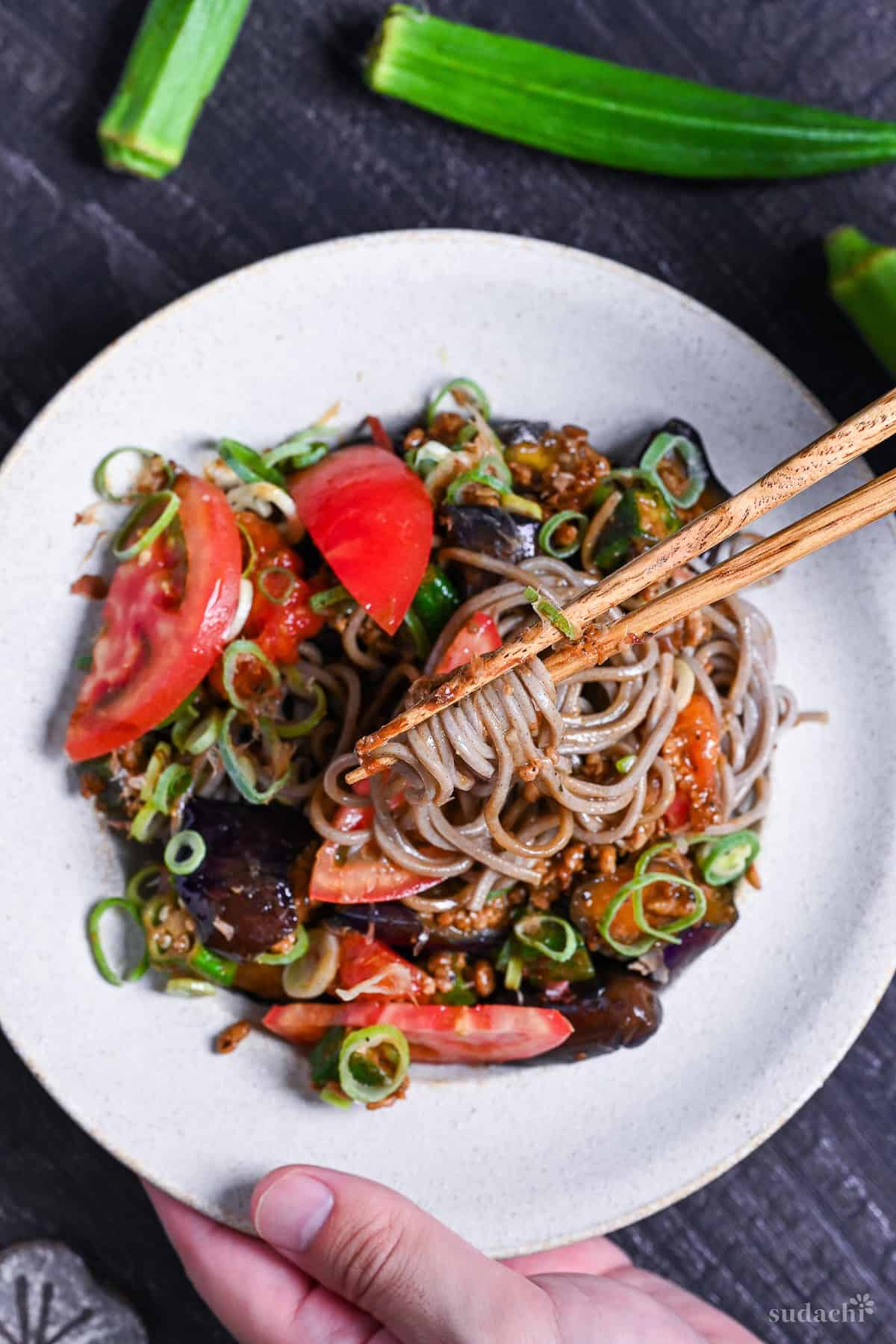 Wooden chopsticks holding up soba noodles from summer soba with miso meat sauce