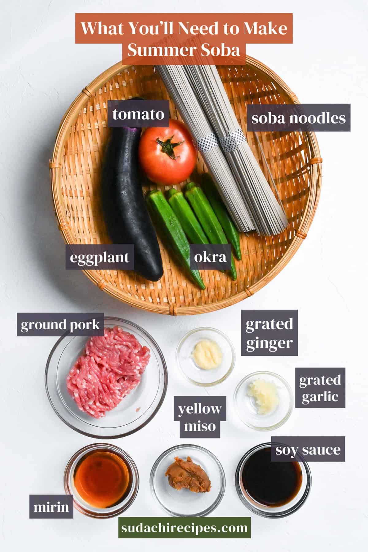 Ingredients you'll need to make summer soba on a white background. From left to right, top to bottom: tomato, soba noodles, eggplant, okra, ground pork, grated ginger, grated garlic, mirin, yellow miso, soy sauce
