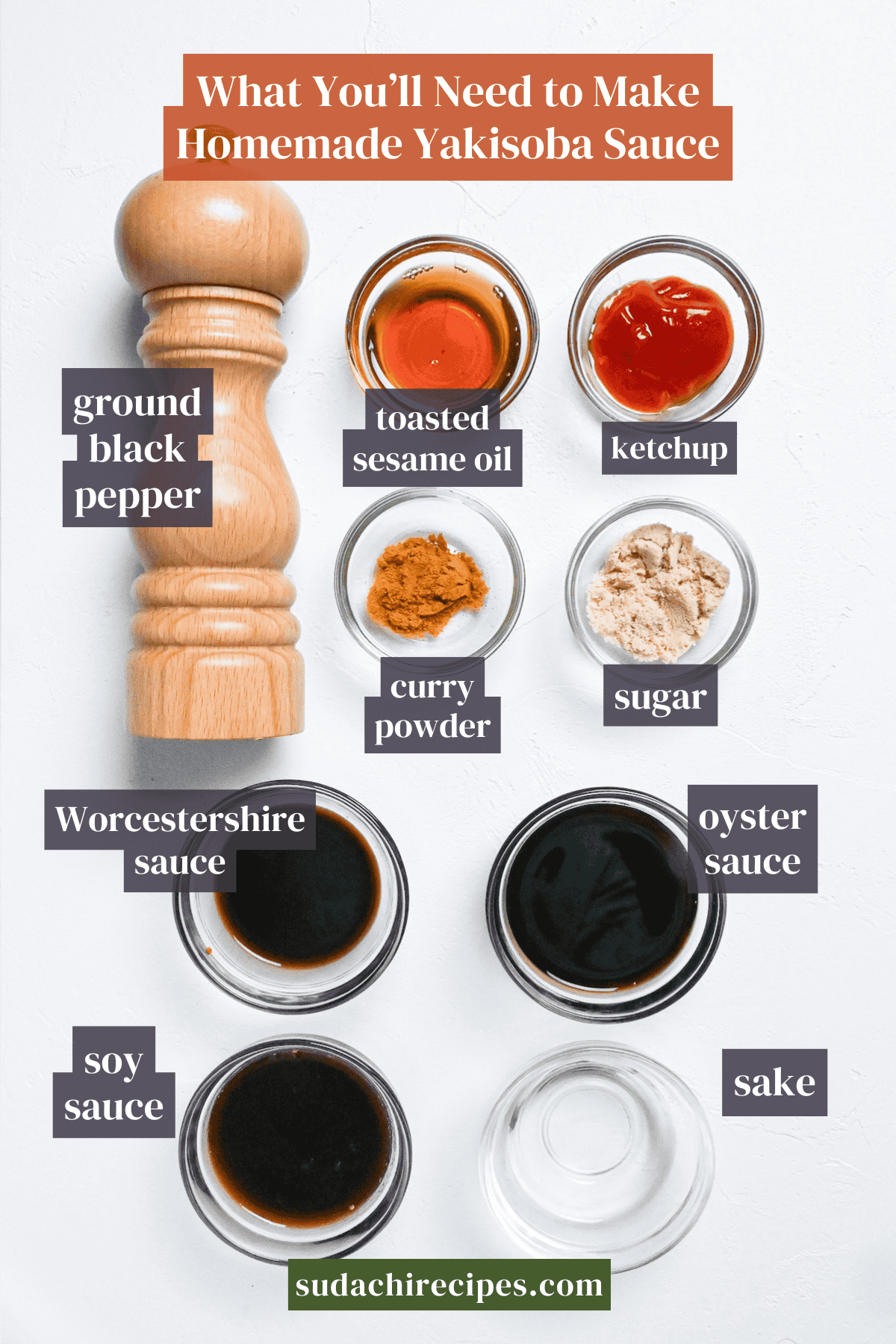 Ingredients needed to make homemade yakisoba sauce on a white background with labels. From top to bottom left to right: ground black pepper, toasted sesame oil, ketchup, curry powder, sugar, Worcestershire sauce, oyster sauce, soy sauce and sake