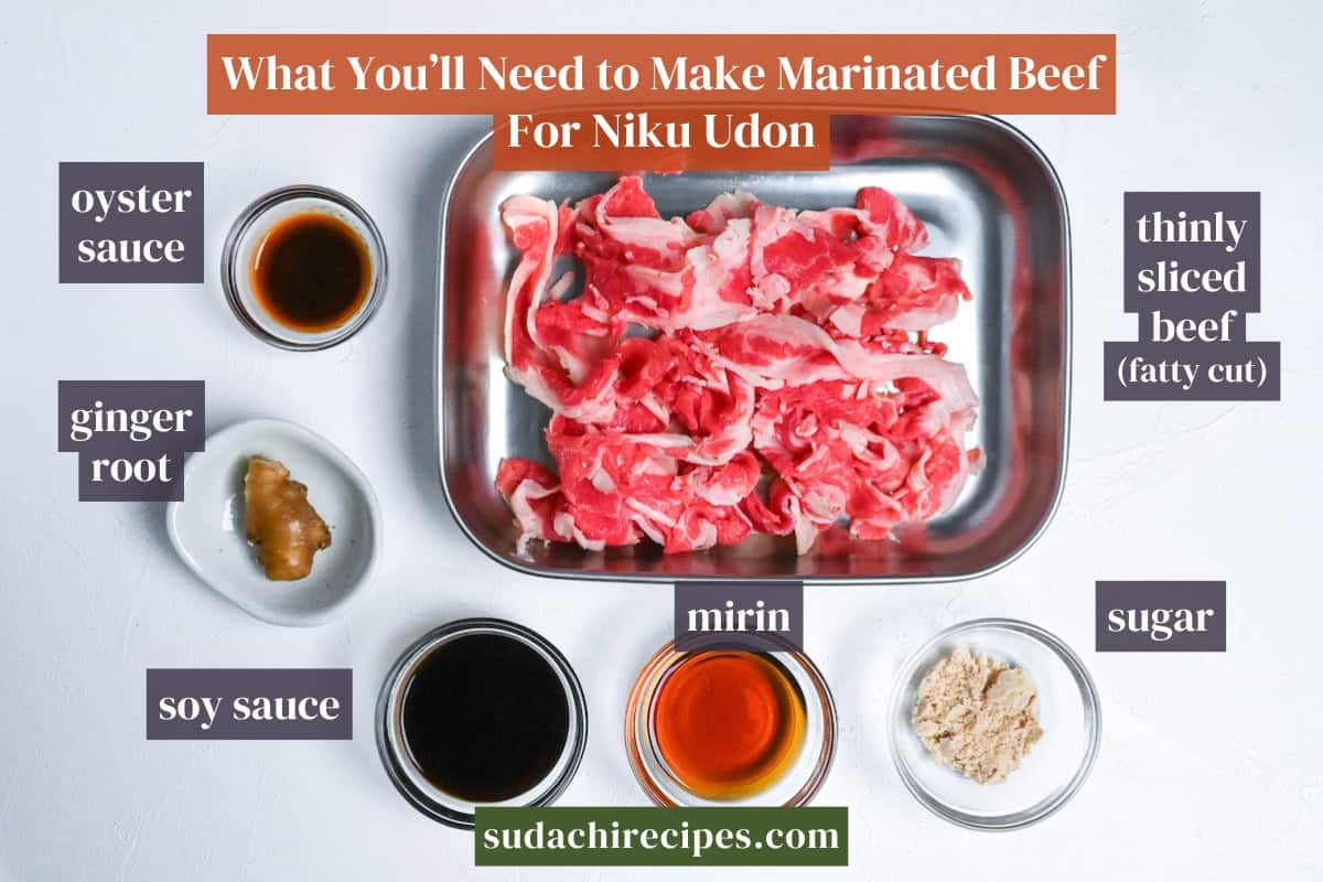 Ingredients needed to make marinated beef for niku udon on a white background with labels. From top to bottom, left to right: oyster sauce, thinly sliced beef, ginger root, soy sauce, mirin, sugar
