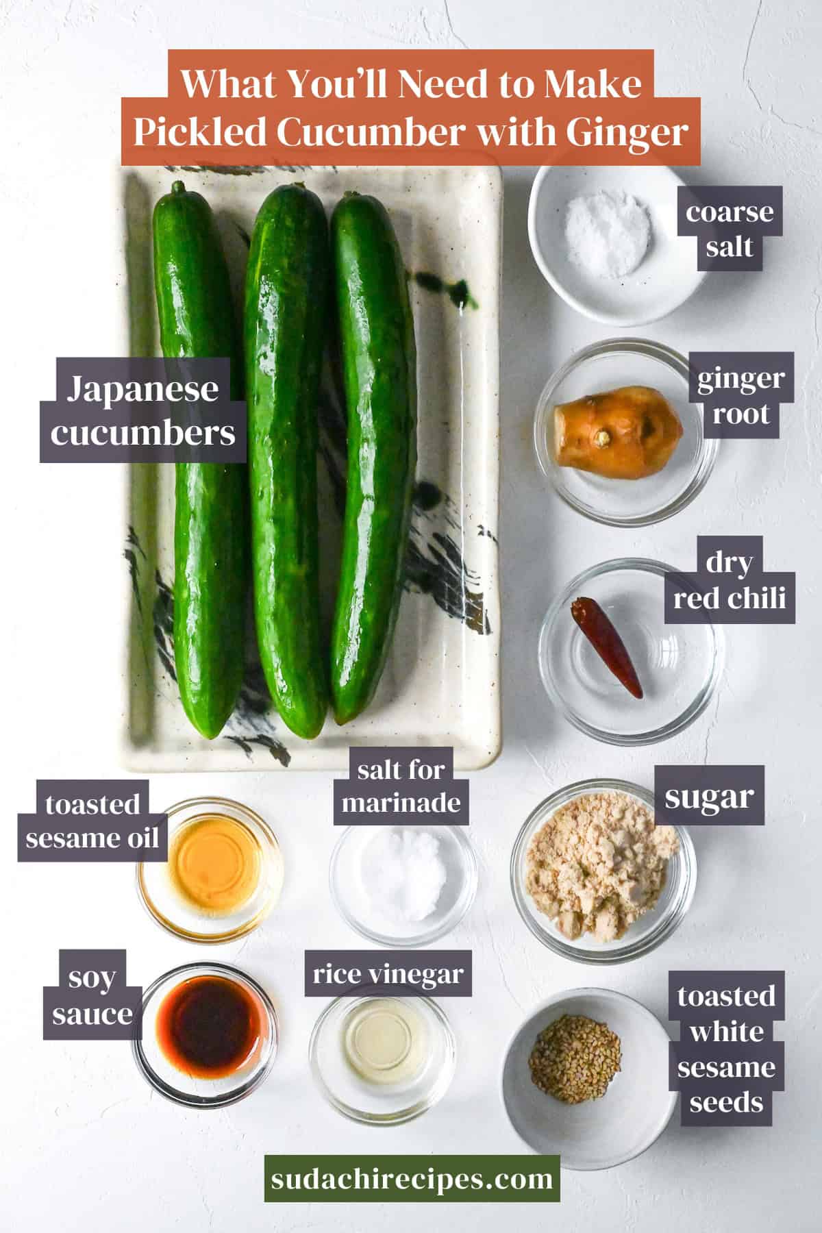 Ingredients needed to make Japanese pickled cucumber with ginger. From top to bottom left to right: Japanese cucumbers, coarse salt, ginger root, dry red chili, toasted sesame oil, salt for marinade, sugar, soy sauce, rice vinegar, toasted white sesame seeds