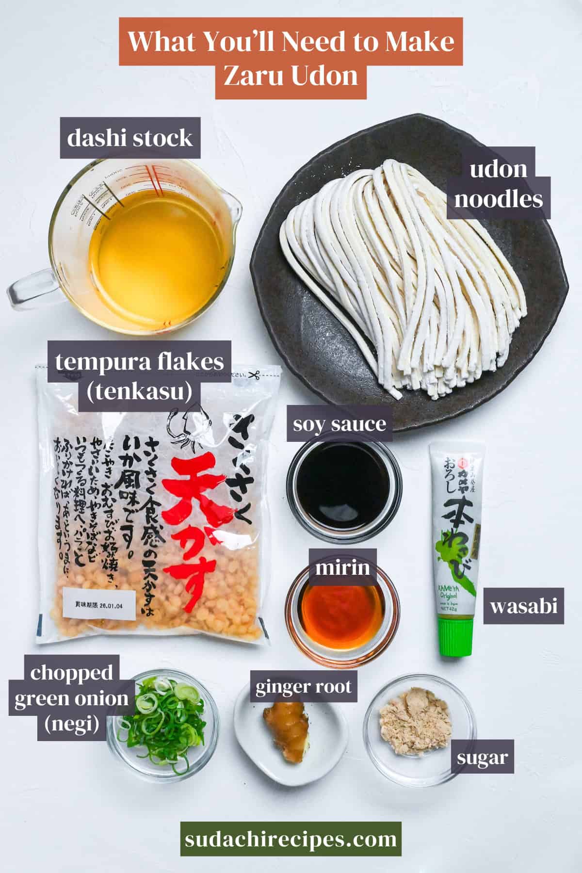 Ingredients needed to make zaru udon on a white background with labels. From top to bottom, left to right: dashi stock, udon noodles, tempura flakes, soy sauce, mirin, wasabi, chopped green onions, ginger root and sugar